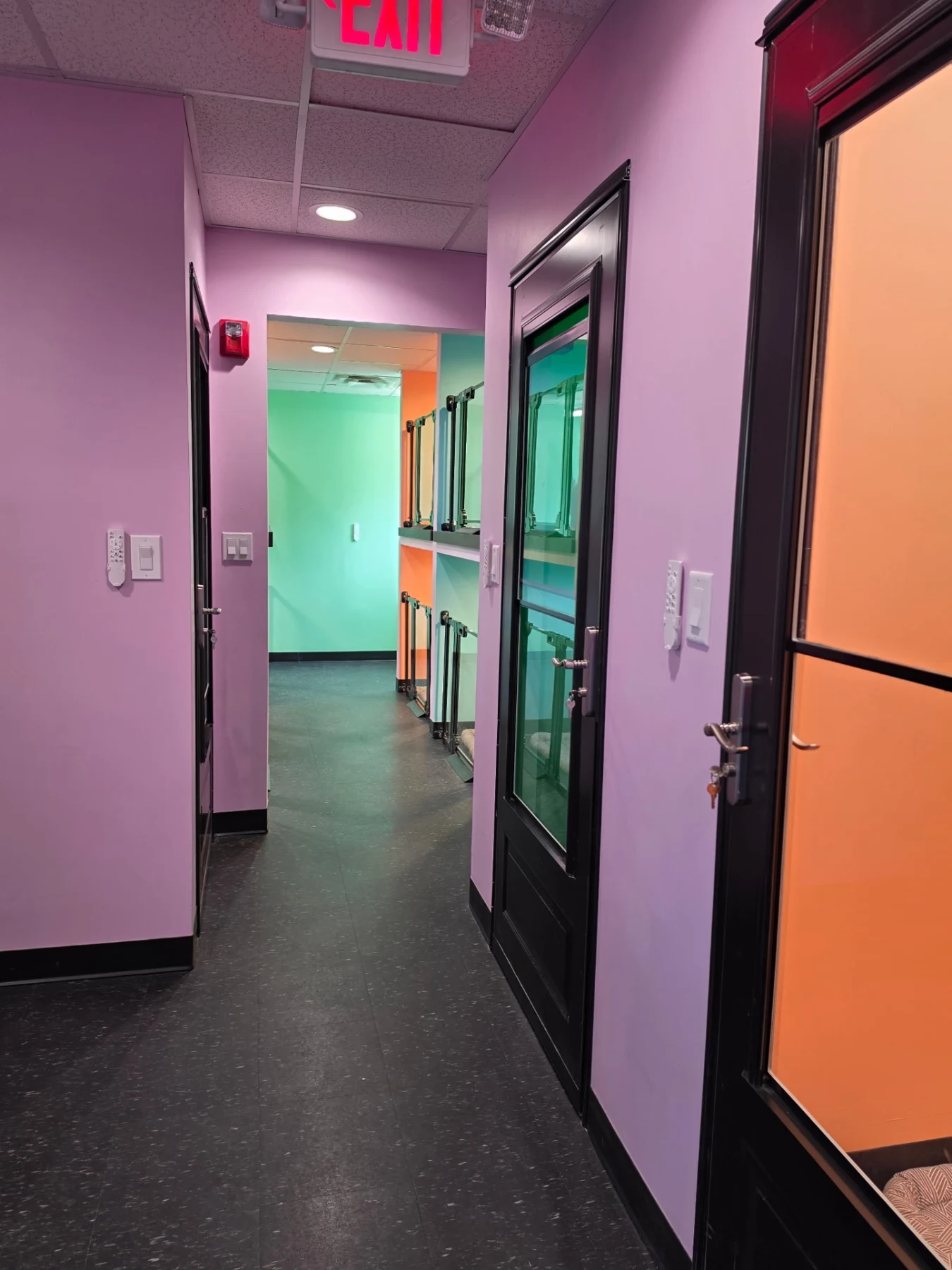 Hallway connecting Latte’s Landing’s pastel-colored boarding suites